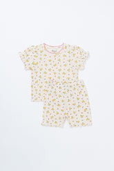 Avauma Petite Ruffle Short Sleeve Set - Honey Daisy, baby summer outfit featuring ruffle sleeves and yellow daisy print, laid flat on white background.